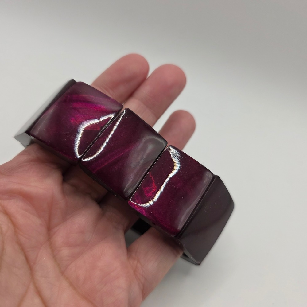 Plum Purple Chunky Resin Stretch Bracelet Marbled Rectangular Panel Statement - Picture 4 of 5